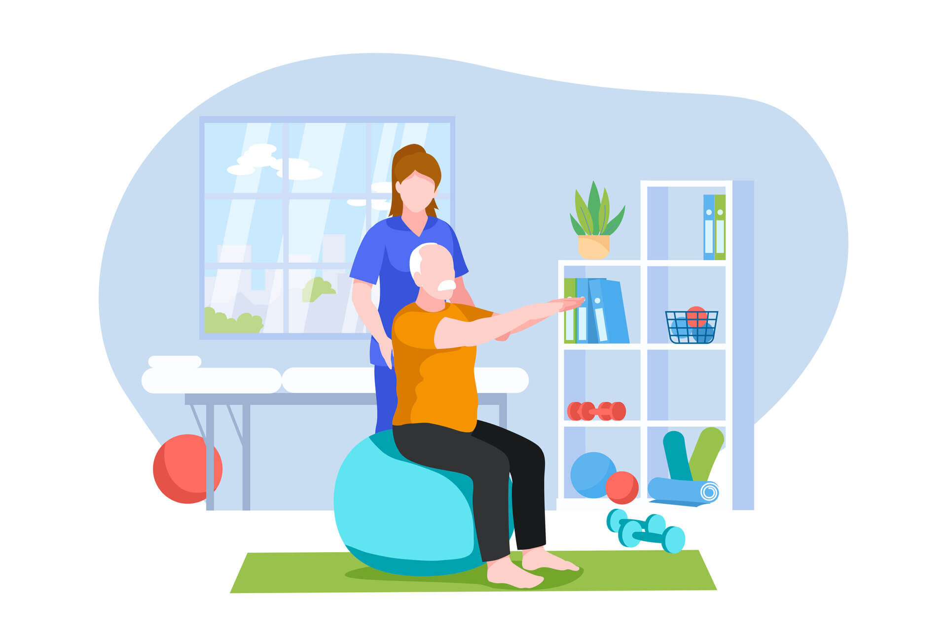 Illustration of a physio assisting an older man to perform mobility exercises